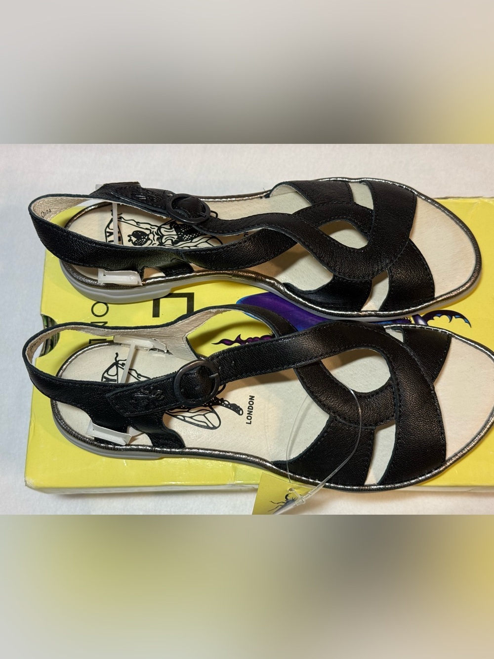 New Fly London Women's Open Heel Sandals, Black and Bronze.
